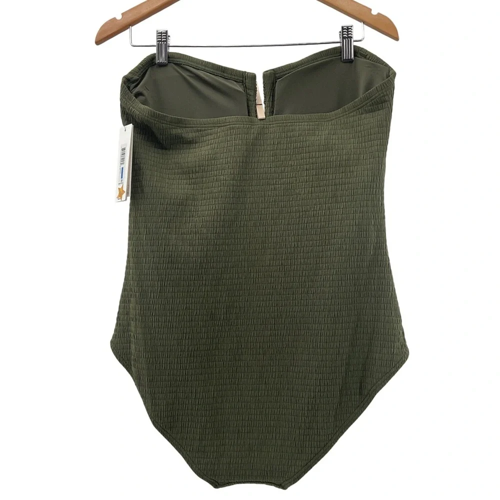 DKNY Womens Olive Green Smocked Strapless Notch One Piece Swimsuit XL NEW - Picture 6 of 13